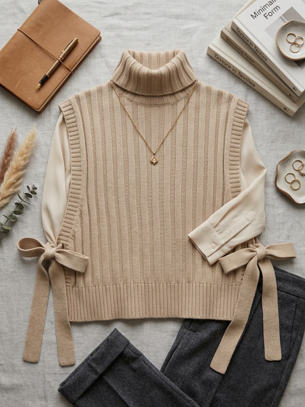 Sleeveless Ribbed Turtleneck Sweater Vest in Tan